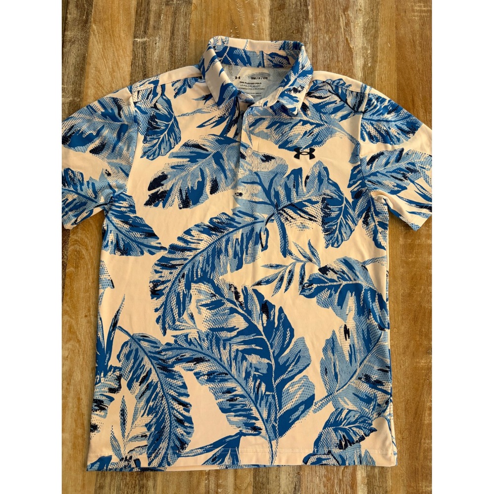 Under Armour Playoff Polo Mens Small Blue Pink Tropical Palm Leaf Golf‎ Shirt